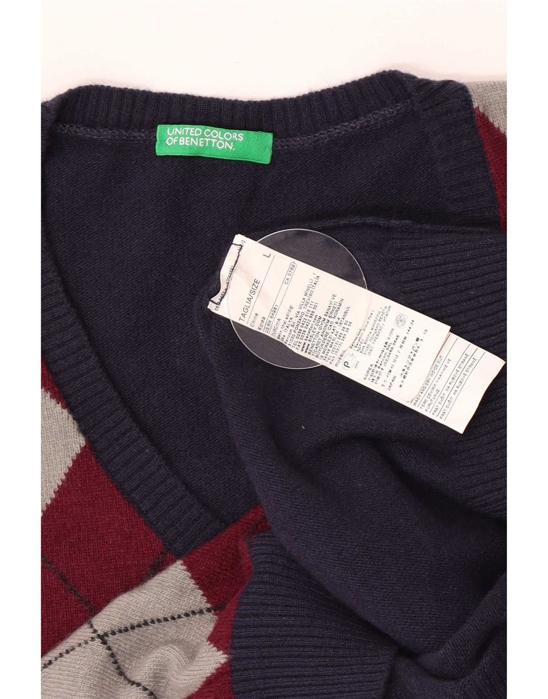Benetton Jersey Con Cuello En V Para Hombre Large Azul Marino Argyle/Diamond Wool