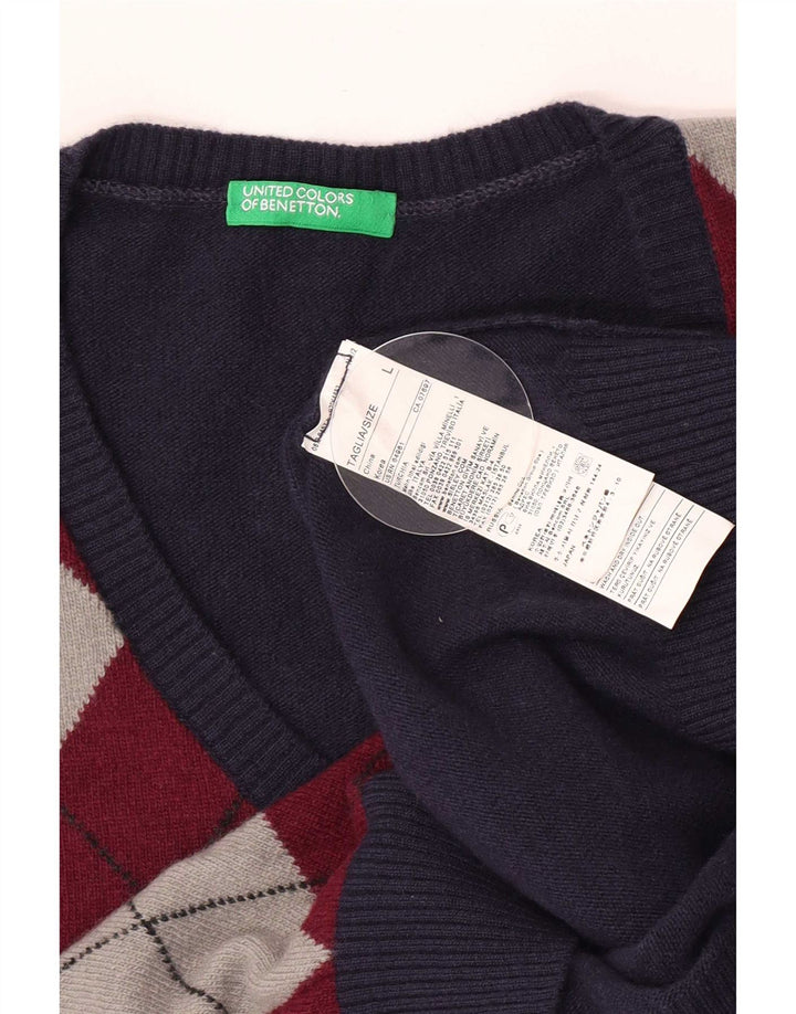 Benetton Jersey Con Cuello En V Para Hombre Large Azul Marino Argyle/Diamond Wool