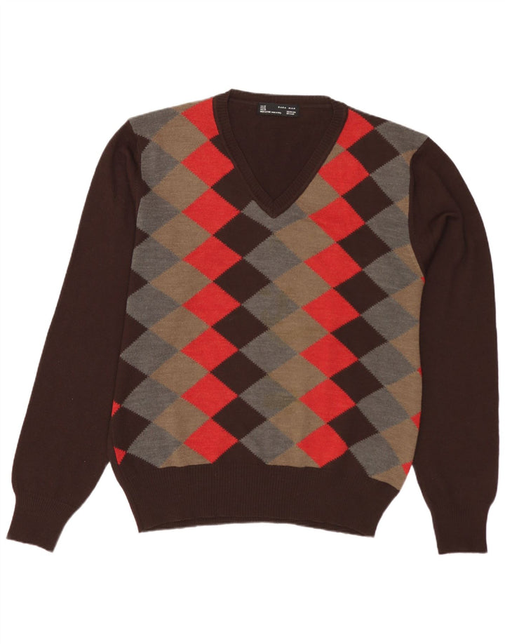 Zara Hombre Jersey Con Cuello En V Marrón Medio Argyle/Diamond