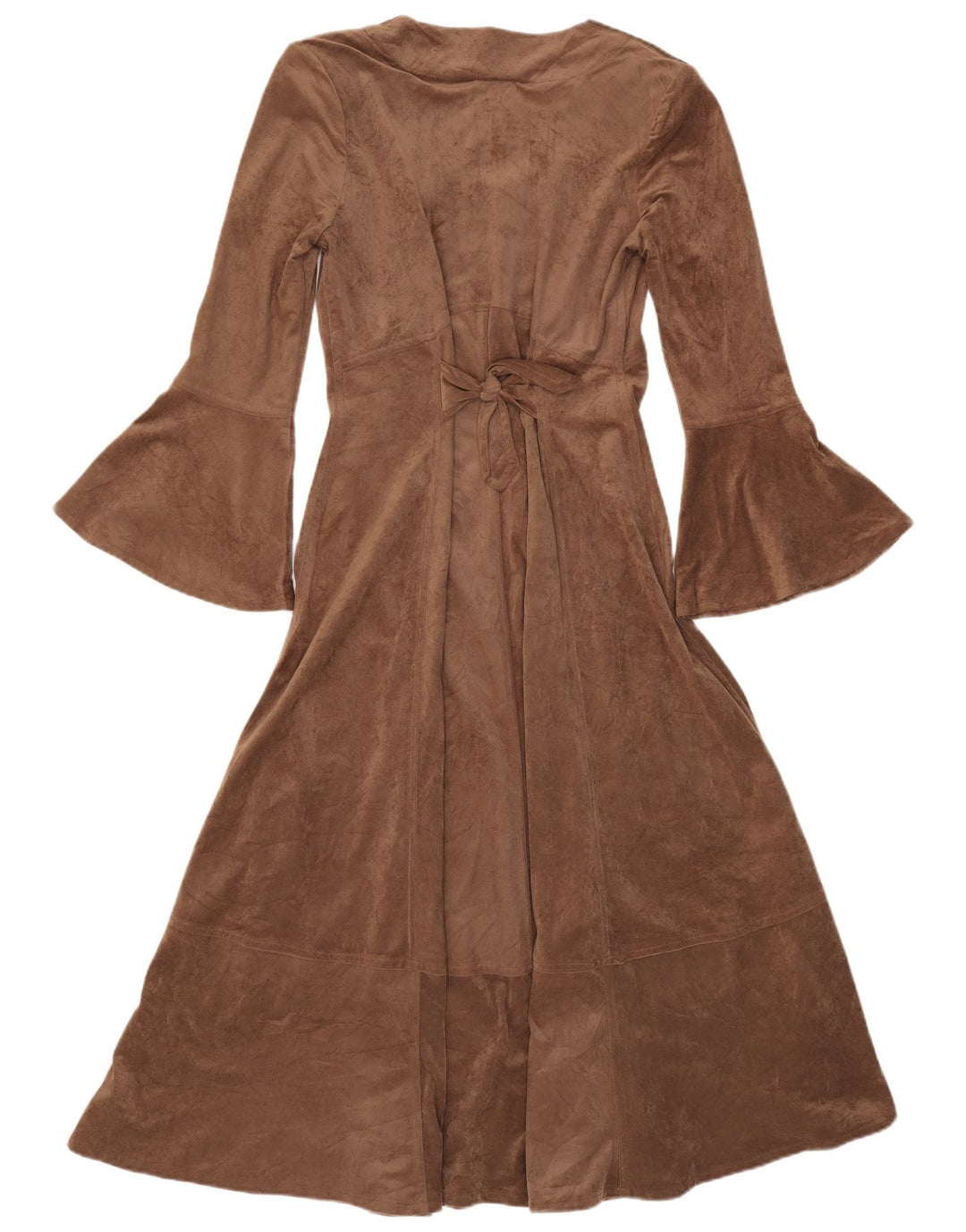 Vintage mujer Maxi manga larga A-Line vestido Reino Unido 12 poliéster marrón medio