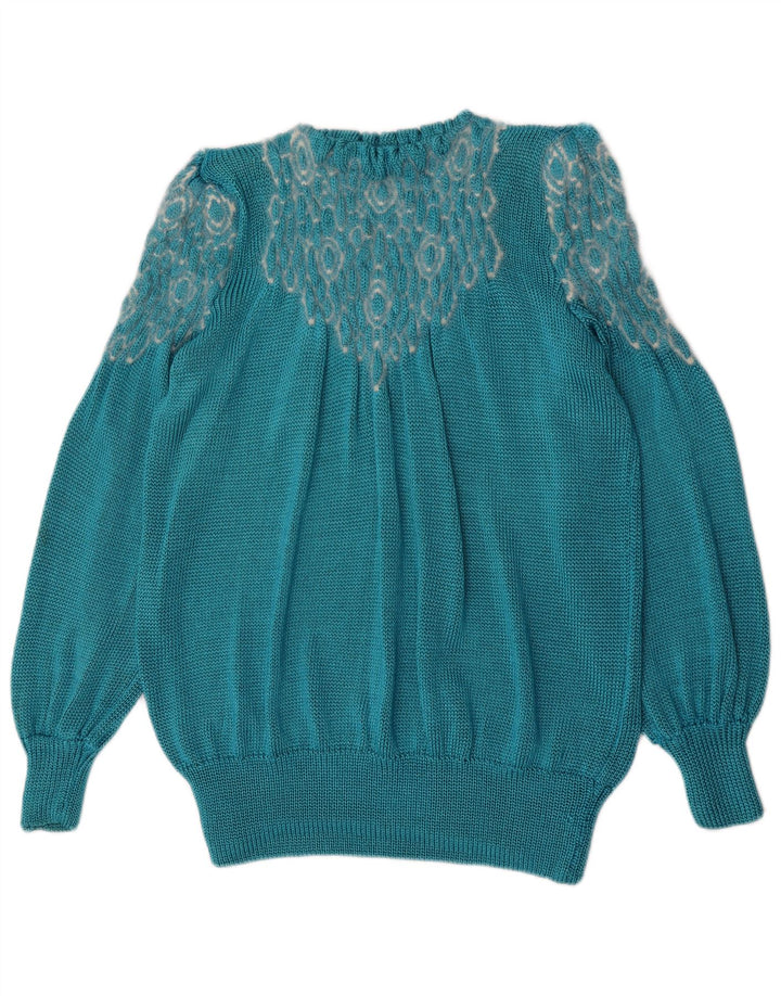 Vintage mujeres patrón abstracto cuello redondo jersey suéter Reino Unido 14 azul grande