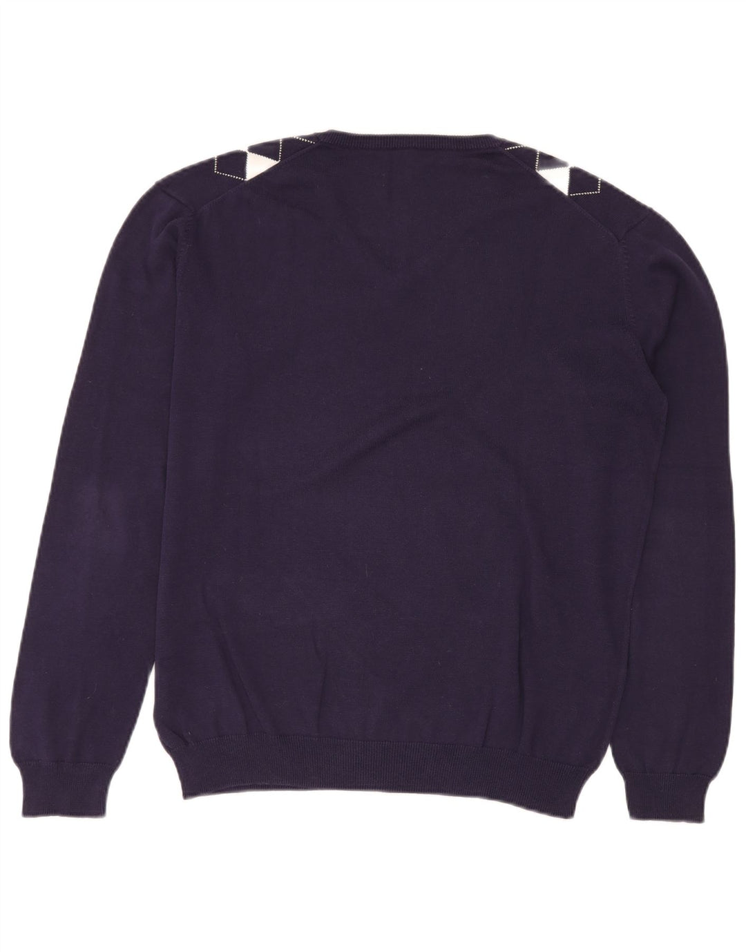 VINTAGE Hombres V-Cuello Jumper Suéter Medio Azul Marino Argyle/Diamond Algodón