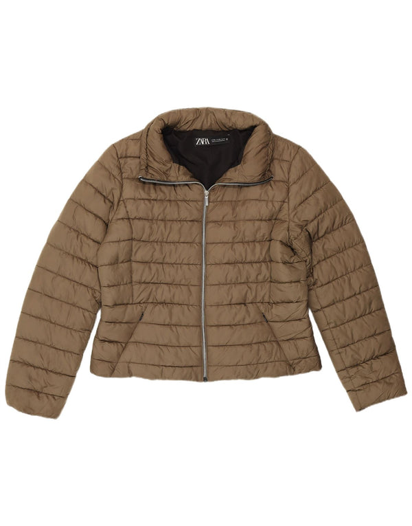 Zara Mujer Crop Chaqueta Acolchada UK 20 2XL Caqui Poliéster