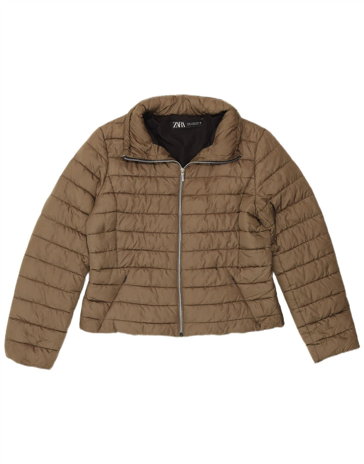 Zara Mujer Crop Chaqueta Acolchada UK 20 2XL Caqui Poliéster