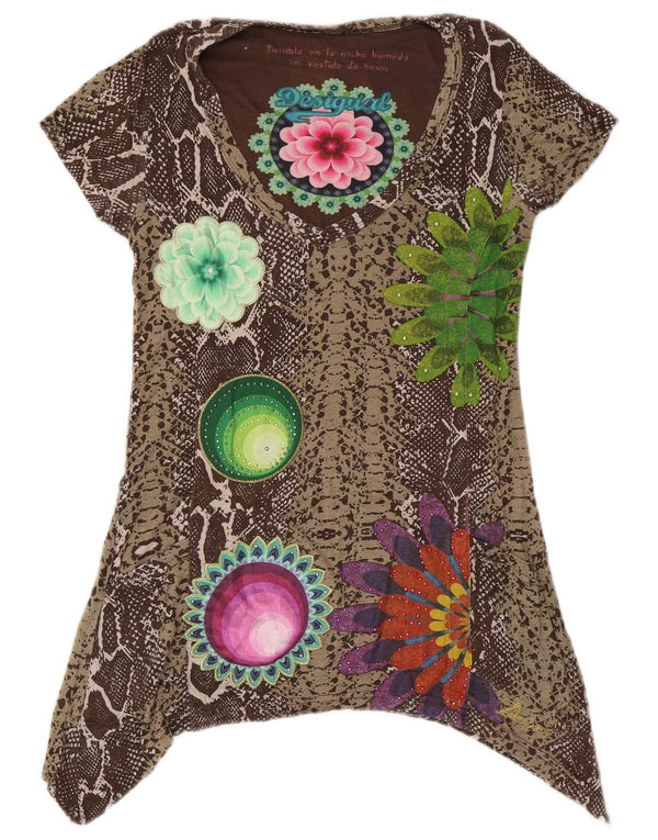 Desigual Mujer Gráfico Túnica Asimétrica Top Reino Unido 10 Pequeño Marrón Estampado Animal