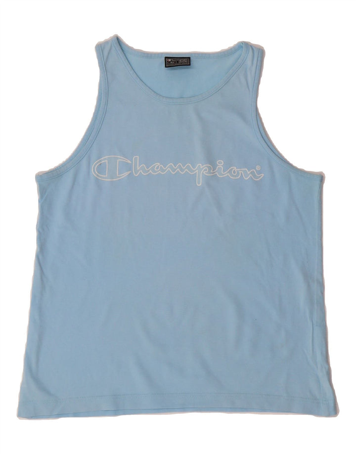 CHAMPION Boys Graphic Vest Top 13-14 Years Blue Cotton Vintage Champion and Second-Hand Champion from Messina Hembry 