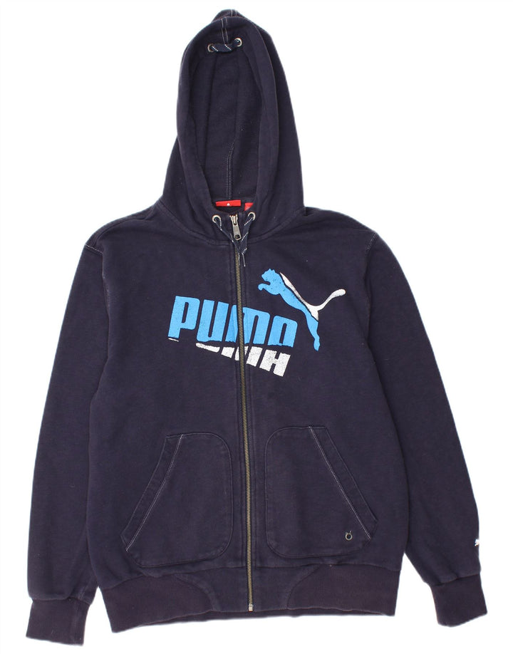 PUMA Suéter con capucha y cremallera gráfica para hombre Azul marino mediano