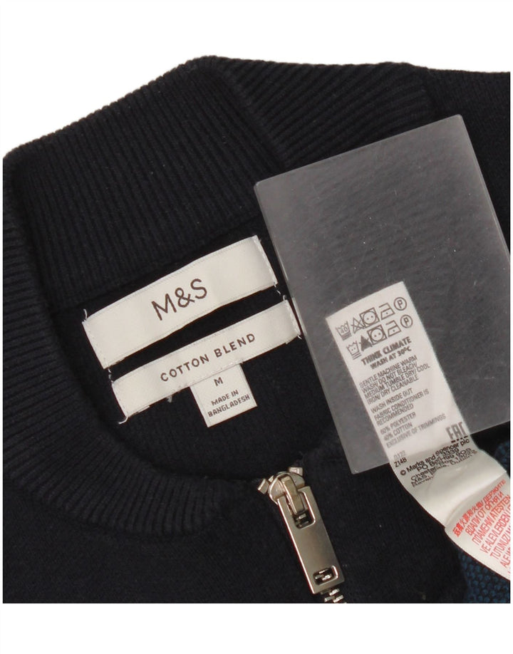 Marks & Spencer Suéter tipo jersey con cuello y cremallera para hombre, tamaño mediano, azul marino, a rayas