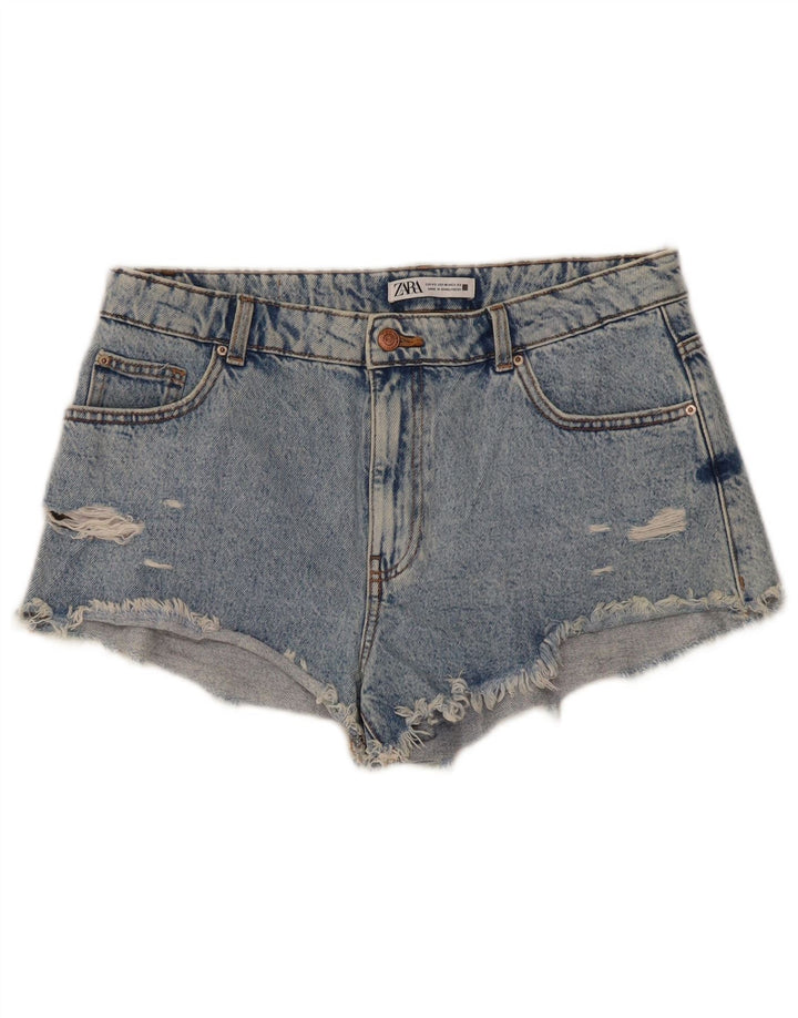 Zara Pantalones cortos de mezclilla desgastados para mujer EU 42 Large W32 Azul