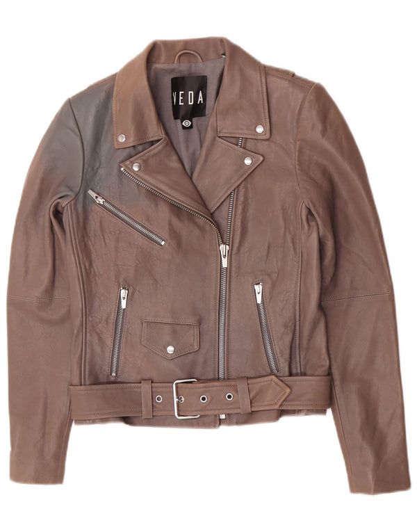 Veda Chaqueta motera de cuero para mujer UK 8 Small Piel de cordero marrón