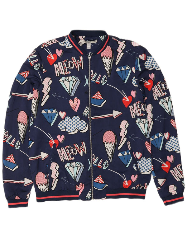 Zara Chaqueta Bomber Suelta con Estampado Abstracto para Mujer UK 6 XS Azul Marino