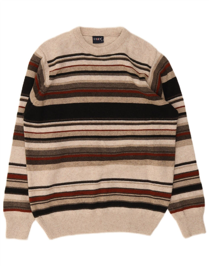 Vintage hombres cuello redondo jersey suéter medio multicolor rayas