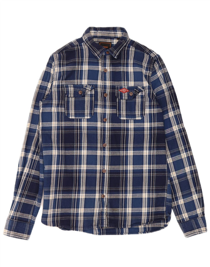 SUPERDRY Hombre Camisa De Franela De Algodón A Cuadros Azul Pequeño