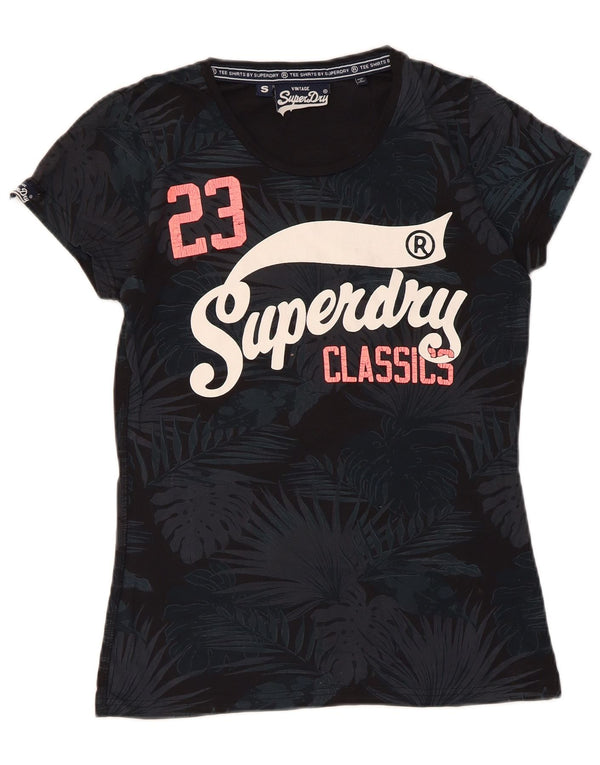 Superdry Mujer Camiseta Gráfica Top UK 10 Small Negro Floral Algodón
