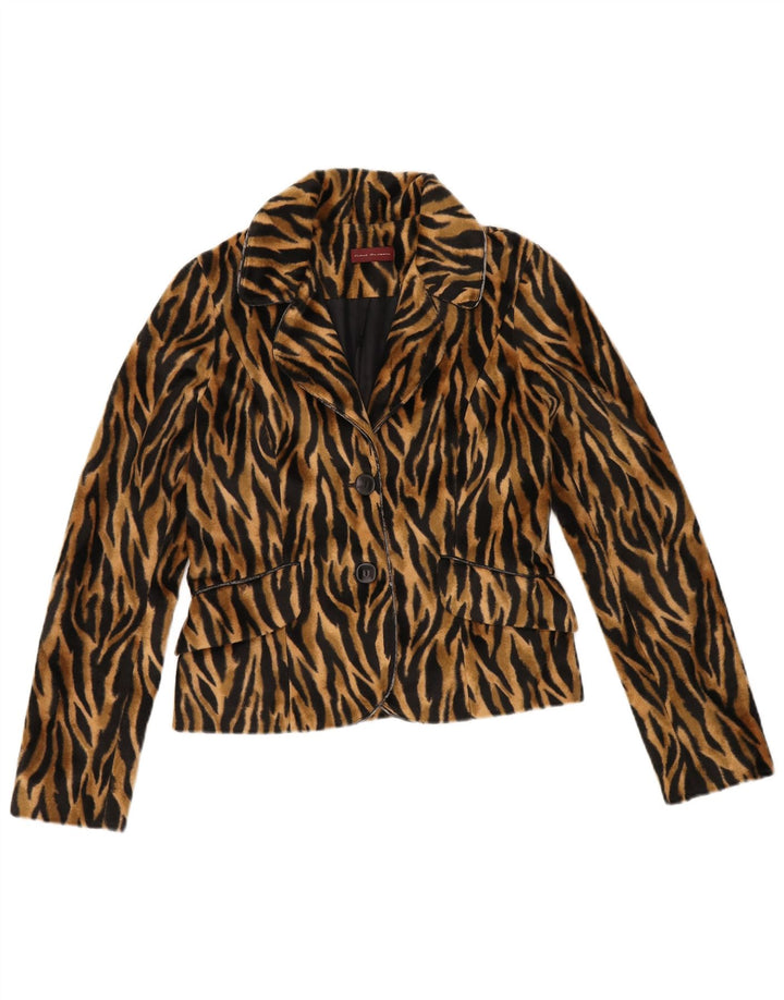 VINTAGE Mujer 2 Botones Blazer Chaqueta EU 36 Pequeño Marrón Animal Print