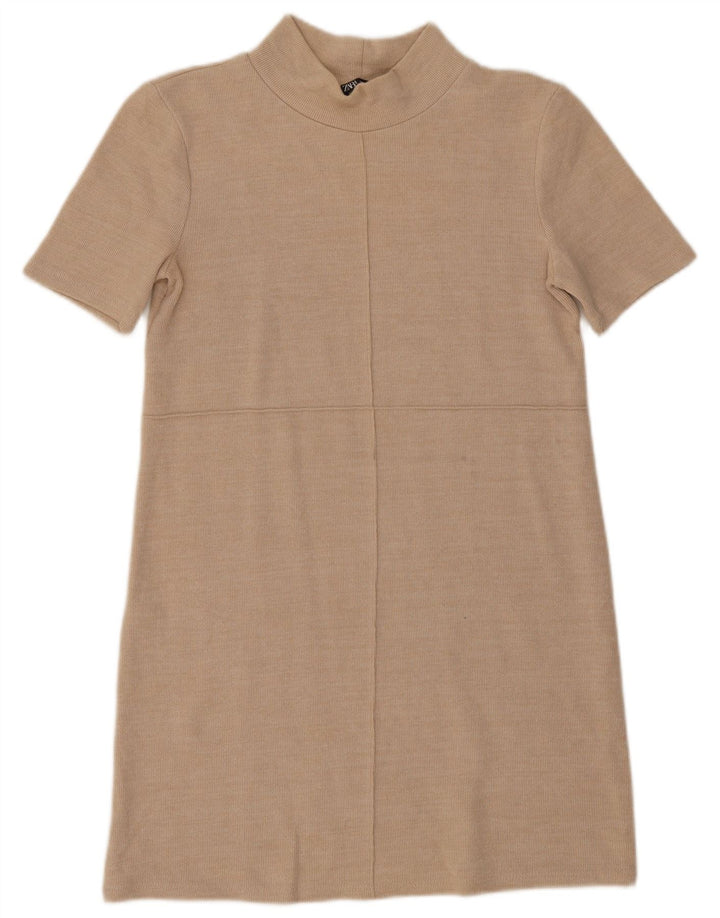Zara Vestido Recto De Manga Corta Para Mujer UK 40 Small Beige