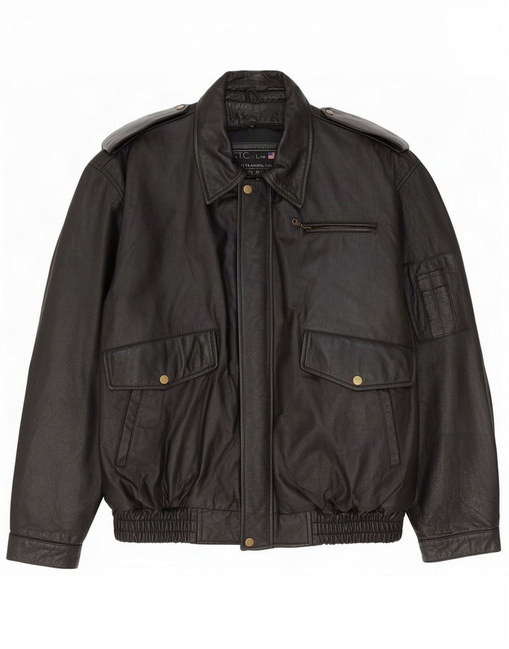 Vintage hombres chaqueta de cuero militar Reino Unido 42 XL negro