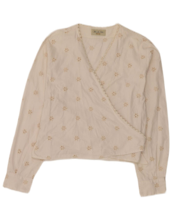 Vintage mujer manga larga abrigo blusa Top IT 46 algodón floral blanco grande