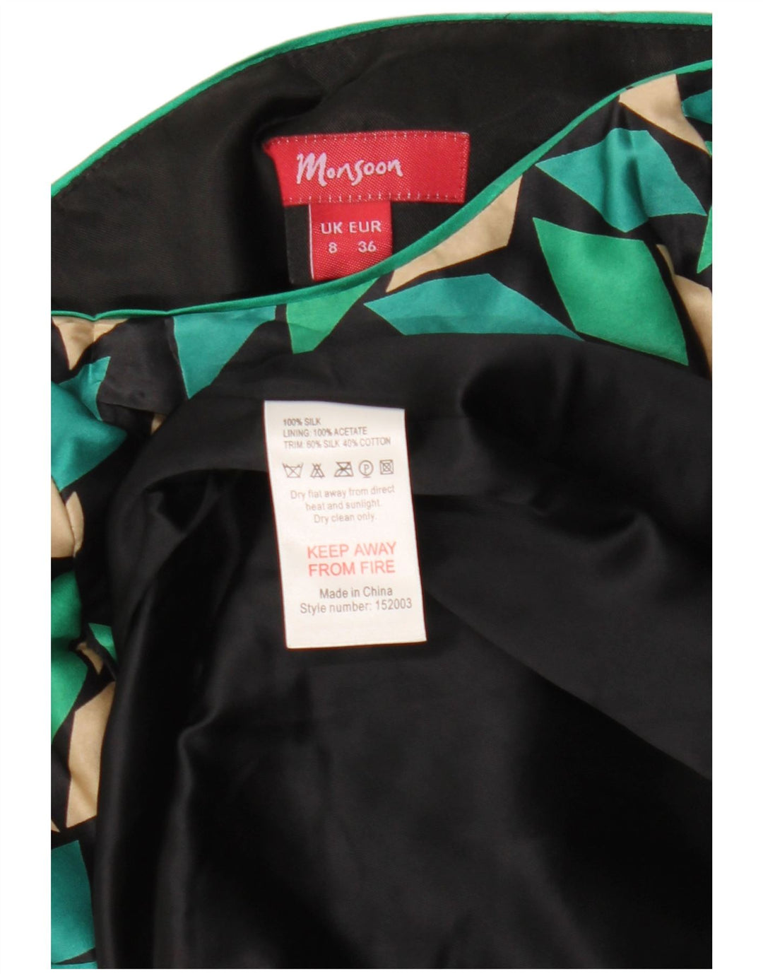 Monsoon Vestido sin Tirantes para Mujer UK 8 Small Seda Geométrica Negra