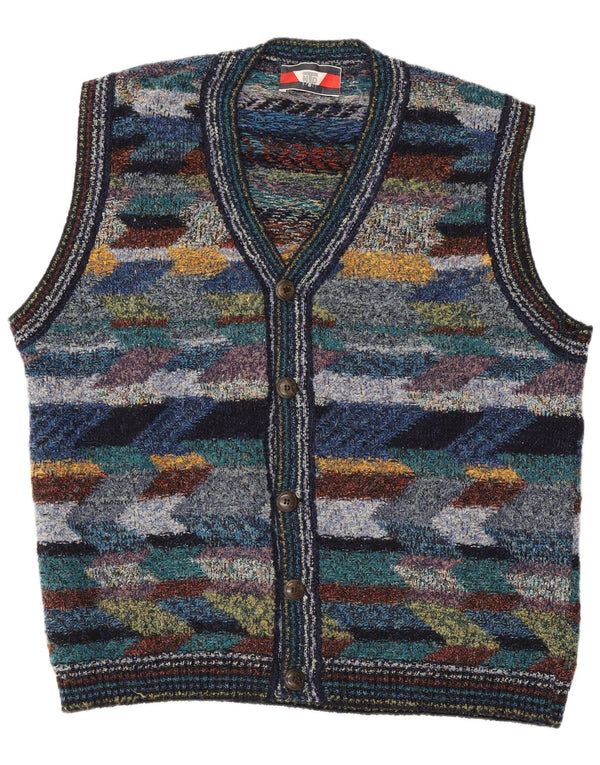 Vintage hombres sin mangas Cardigan suéter XL lana geométrica multicolor