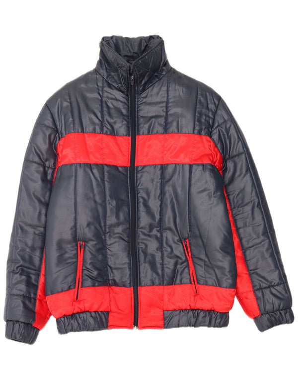 Vintage hombres con capucha chaqueta acolchada EU 56 3XL azul marino colorblock nylon