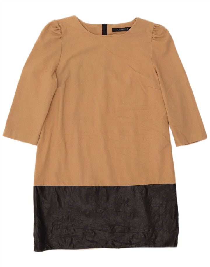 Zara Vestido recto de manga 3/4 para mujer UK 44 Grande Poliéster color beige