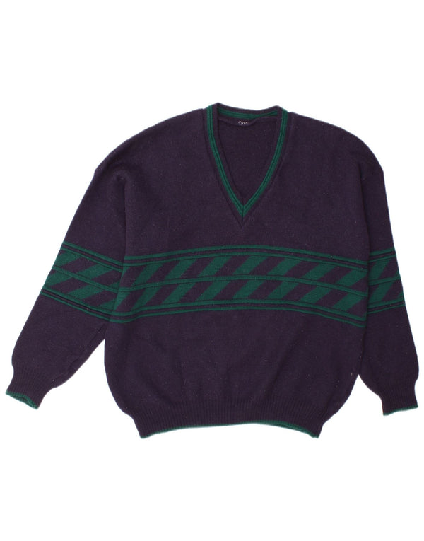 Vintage hombres V-cuello jumper suéter grande azul marino rayas