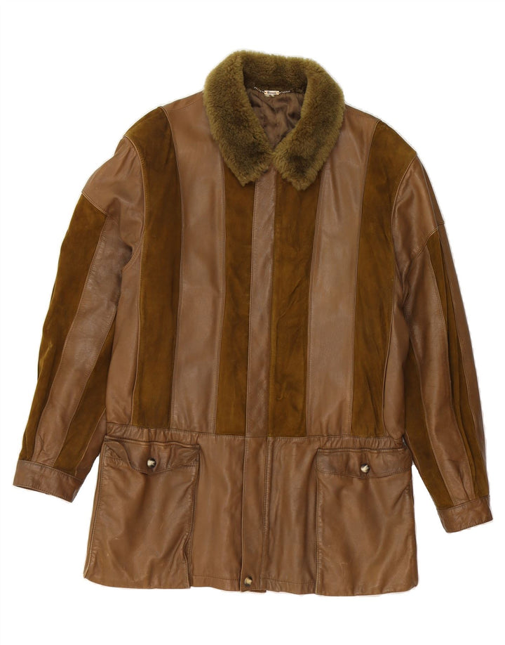 BRECO'S Mens Leather Jacket UK 40 Large Brown Striped Viscose Vintage Breco's and Second-Hand Breco's from Messina Hembry 