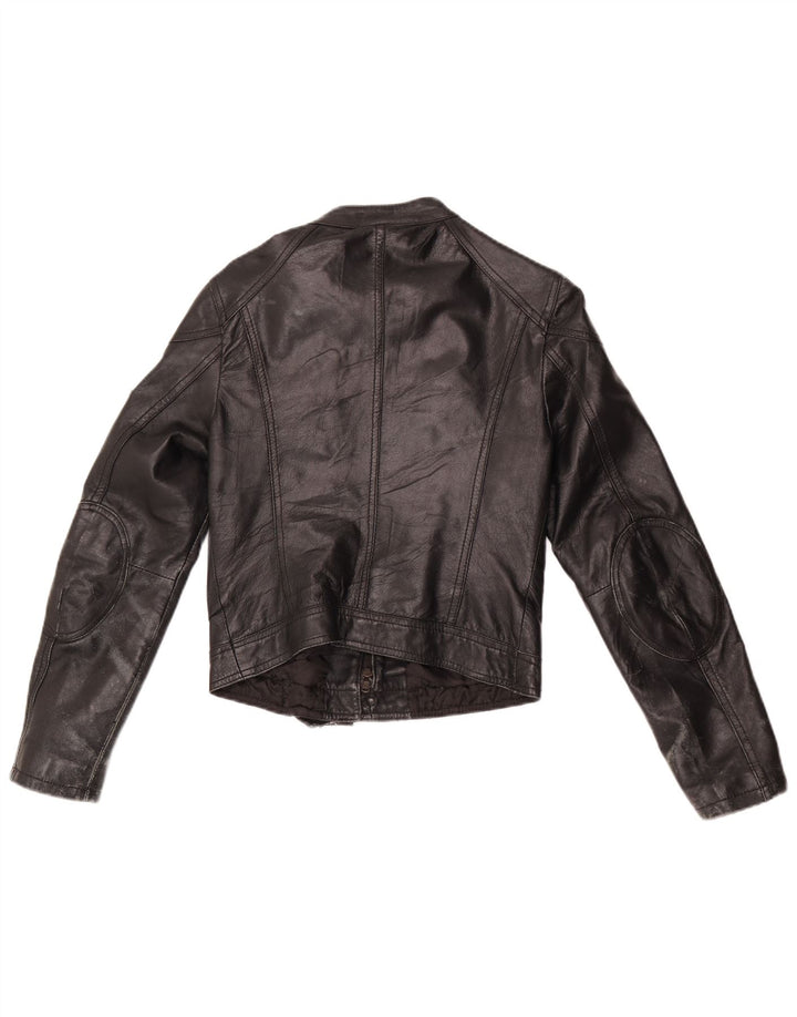 Vintage mujer crop cuero biker chaqueta Reino Unido 10 pequeño cuero negro