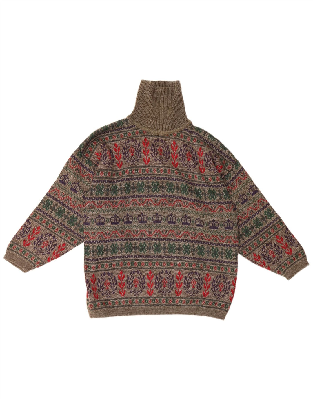 Vintage hombres rollo cuello jersey suéter pequeño gris Fair Isle lana