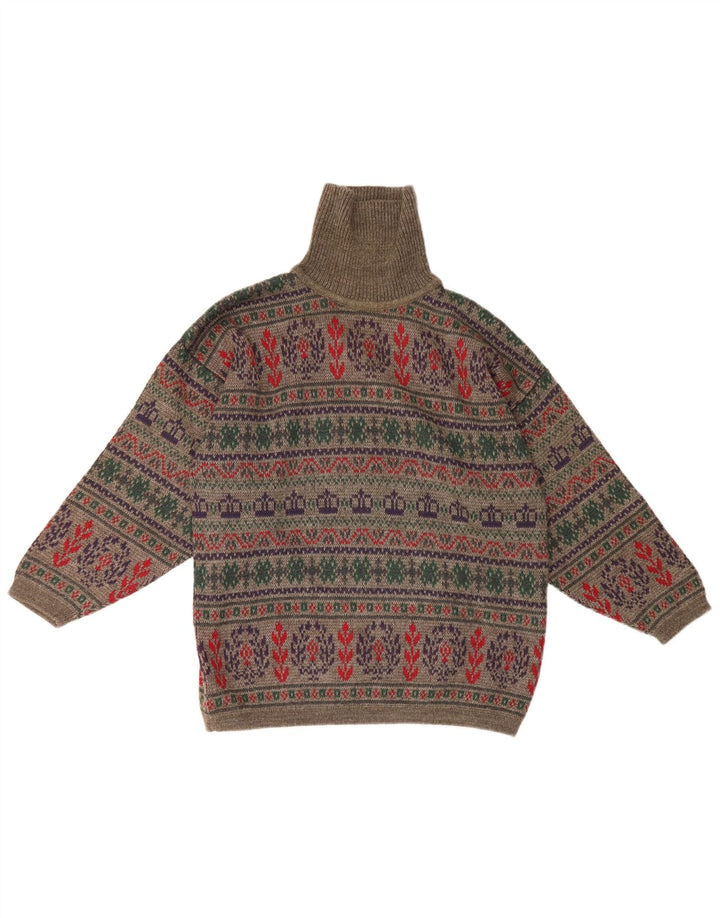 Vintage hombres rollo cuello jersey suéter pequeño gris Fair Isle lana
