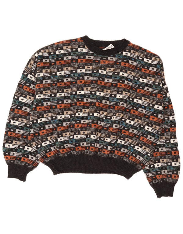 Vintage hombres cuello redondo jersey suéter IT 54 XL lana geométrica multicolor