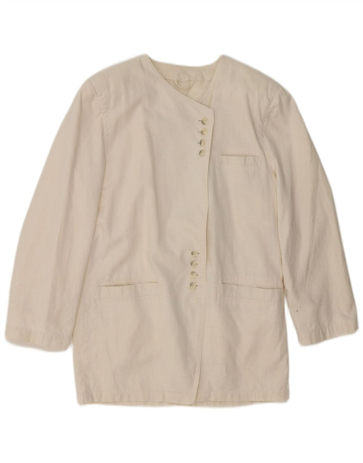 VINTAGE Chaqueta Blazer Longline Mujer Reino Unido 14 Blanco Medio