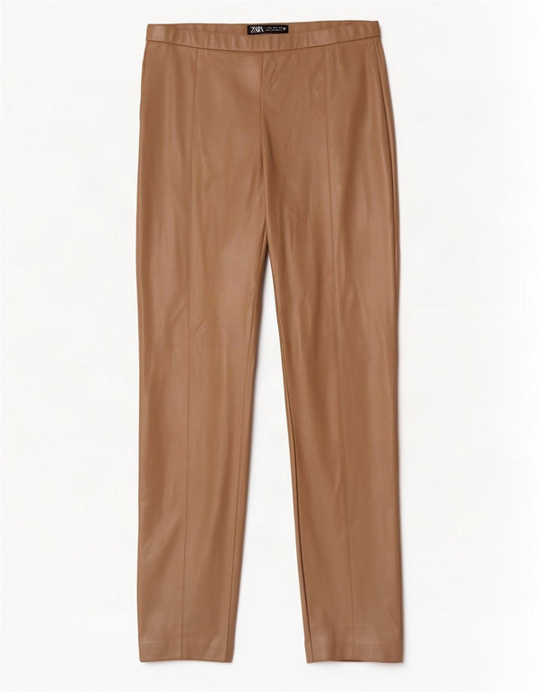 Zara Mujer Pantalones Slim De Piel Sintética Grande W30 L28 Poliuretano Beige