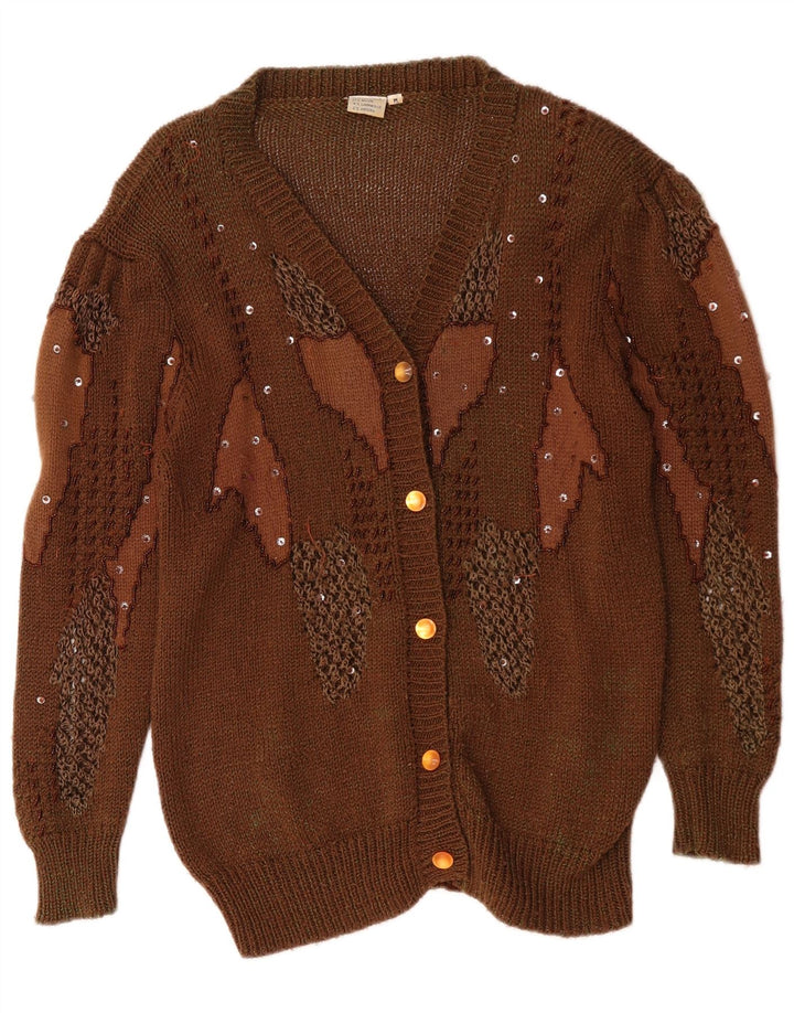 Vintage mujeres patrón abstracto cardigan suéter Reino Unido 14 marrón medio