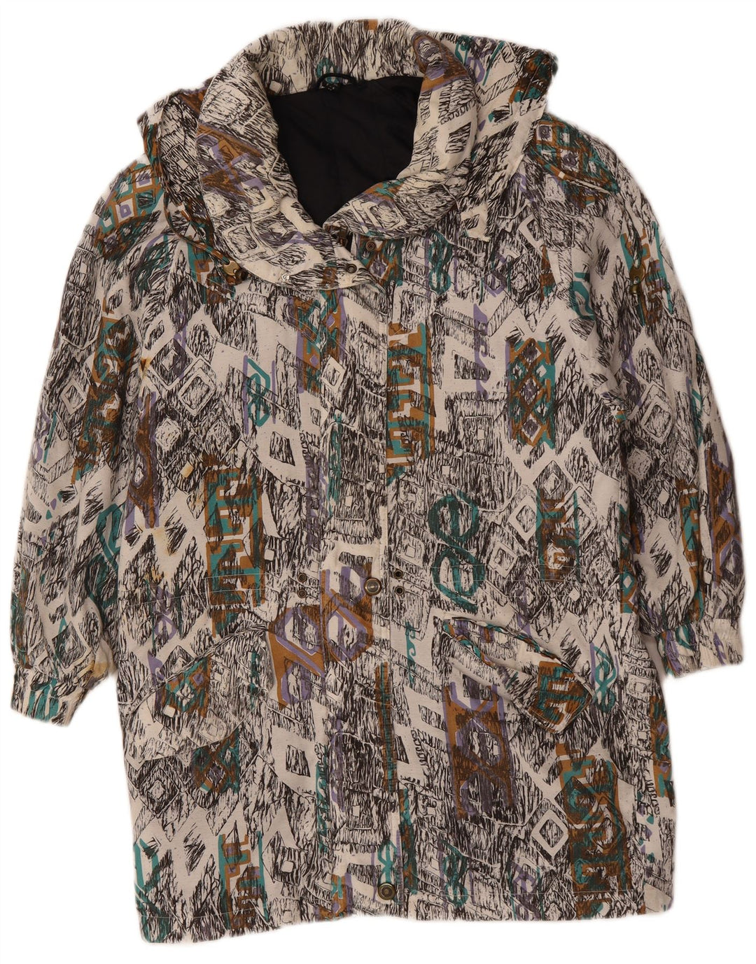 VINTAGE Mujer Cortavientos Abrigo Reino Unido 10 Pequeño Multicolor Geométrico