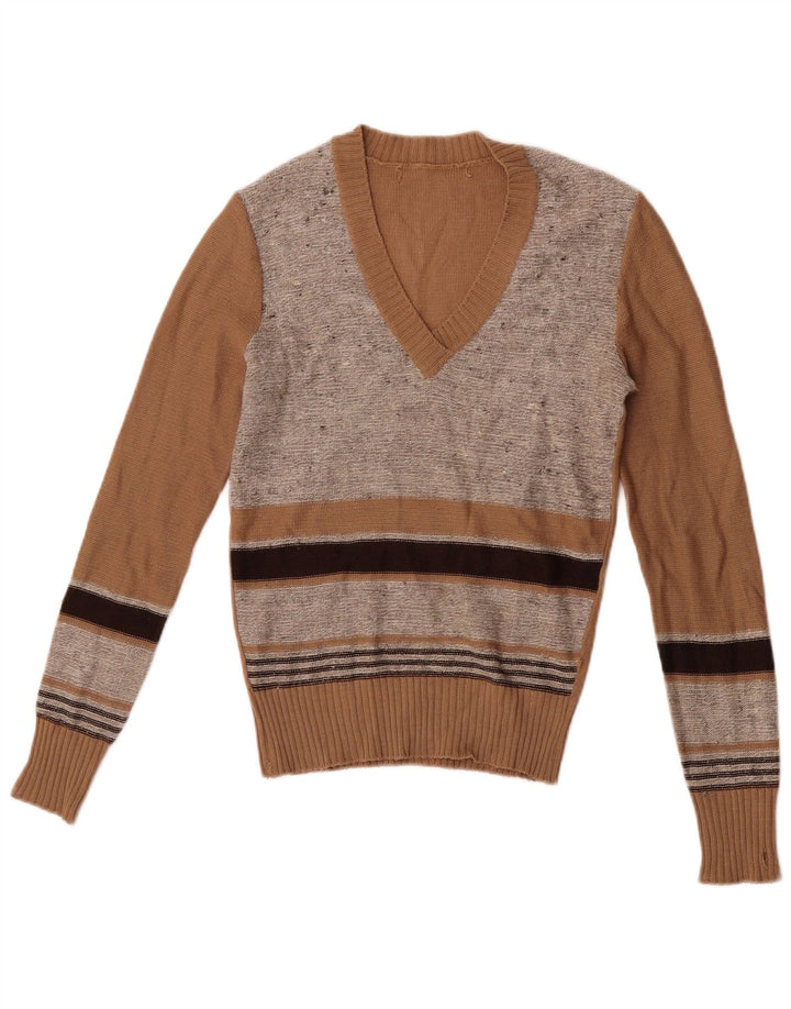 Vintage mujer crop V-cuello jumper suéter IT 44 marrón medio rayas
