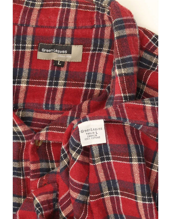 Camisa de franela para mujer con hojas verdes de algodón a cuadros rojos grandes