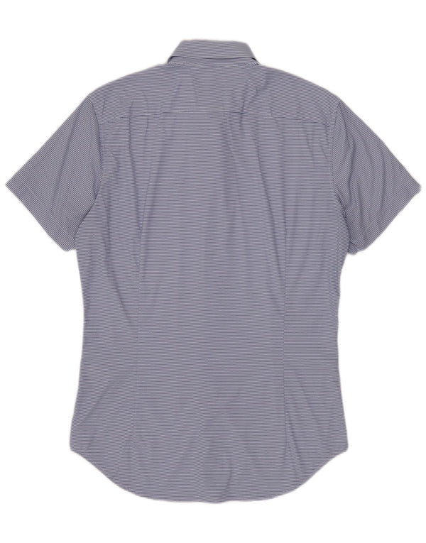 BONOBOS Camisa de manga corta entallada para hombre de nailon a rayas azules pequeñas