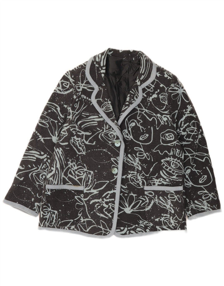 Vintage mujer gráfico 2 botón Blazer chaqueta Reino Unido 16 grande negro