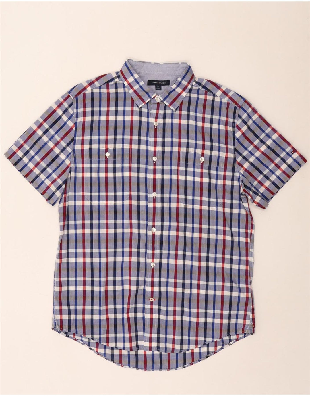 Tommy Hilfiger Camisa de manga corta para hombre de algodón a cuadros azules grandes