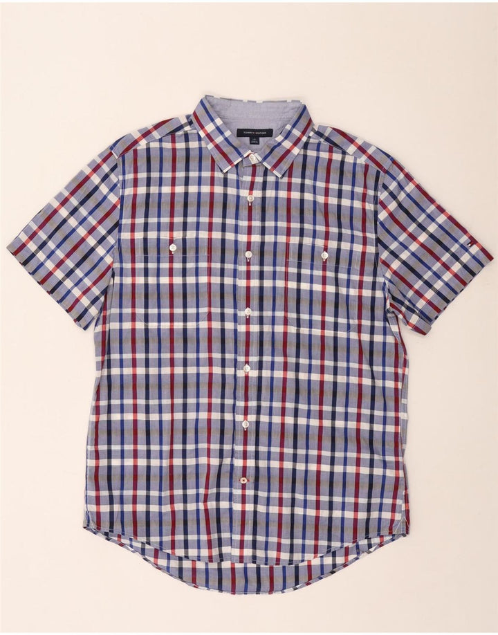 Tommy Hilfiger Camisa de manga corta para hombre de algodón a cuadros azules grandes