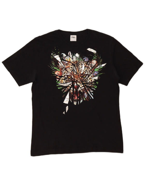 Zara Hombre Camiseta Gráfica Top Grande Negro Estampado Animal