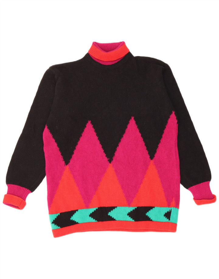 Vintage mujer rollo cuello jersey suéter Reino Unido 12 medio negro Argyle/Diamond