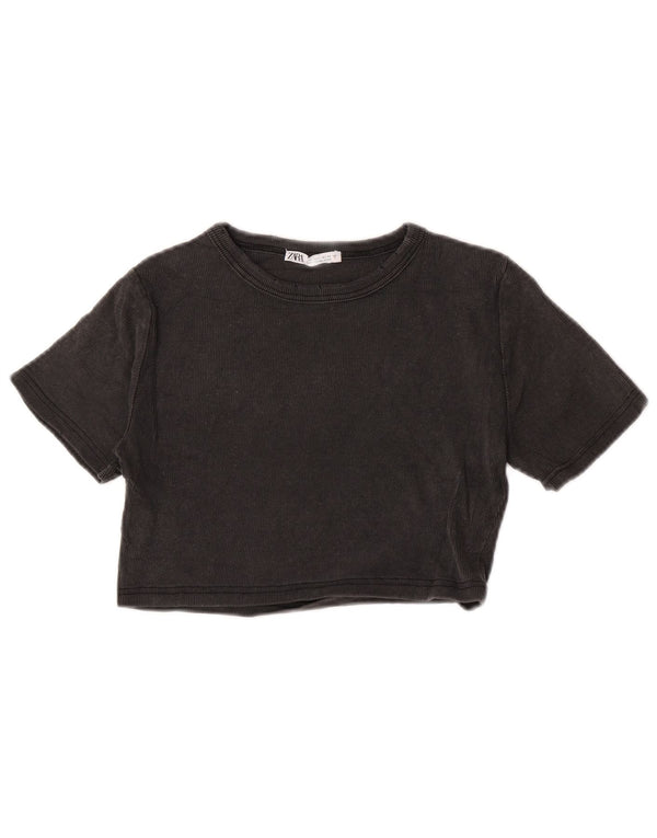 Zara Mujer Crop Camiseta Top UK 44 Grande Gris Algodón