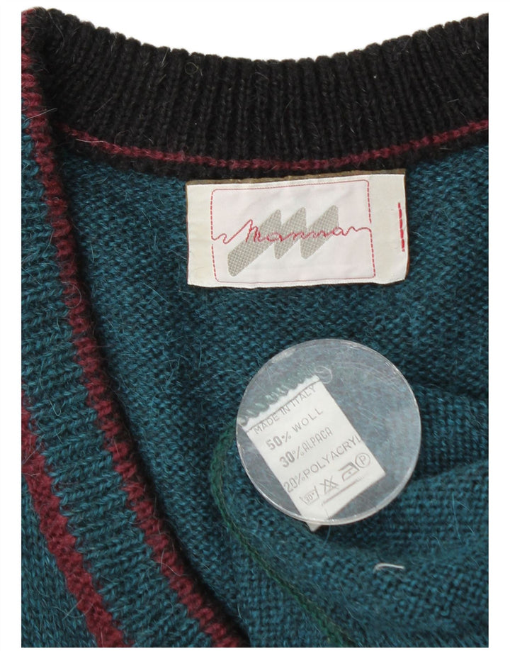 Vintage hombres V-cuello jumper suéter grande azul colorblock lana