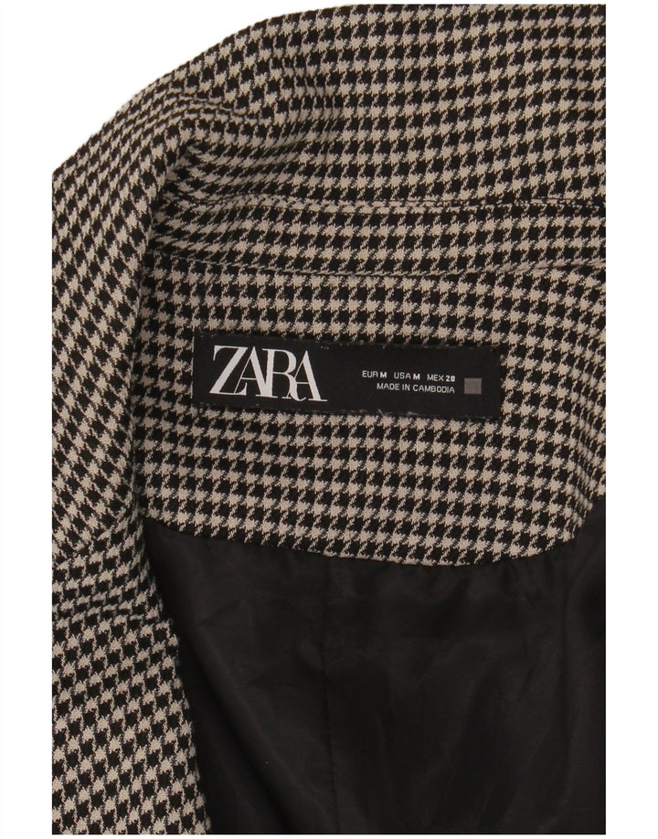 Zara Mujer Chaqueta Americana Larga Abierta UK 44 Mediana Pata De Gallo Negra
