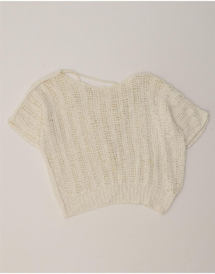 Vintage mujer cultivo manga corta V-cuello jumper suéter Reino Unido 14 medio blanco