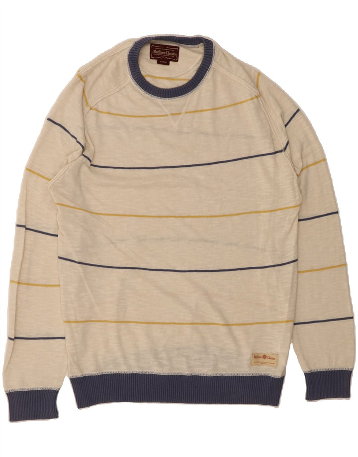 MARLBORO CLASSICS Mens Crew Neck Jumper Sweater Large Off White Striped Vintage Marlboro Classics and Second-Hand Marlboro Classics from Messina Hembry 