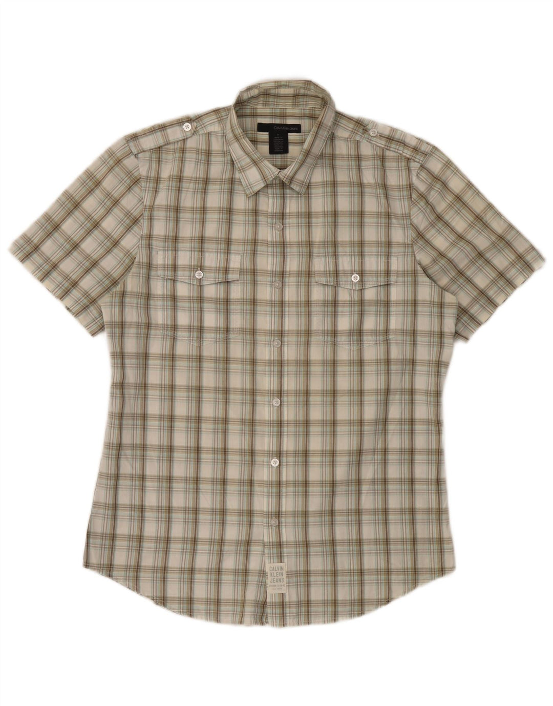 Calvin Klein Jeans Camisa militar de manga corta para hombre Cuadros beige medio
